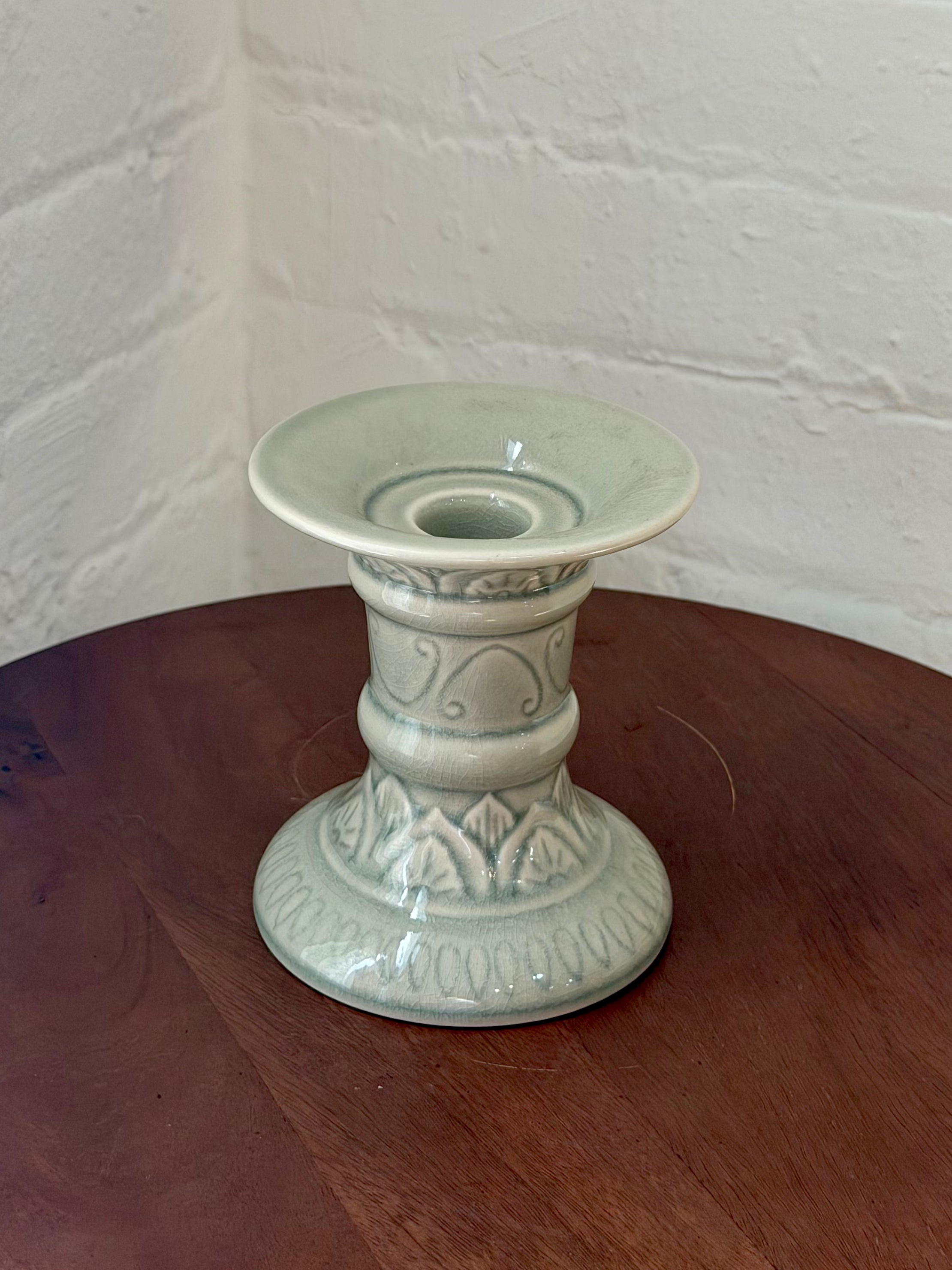 Ceramic Candlestick Holder with Embossed Botanical Detail