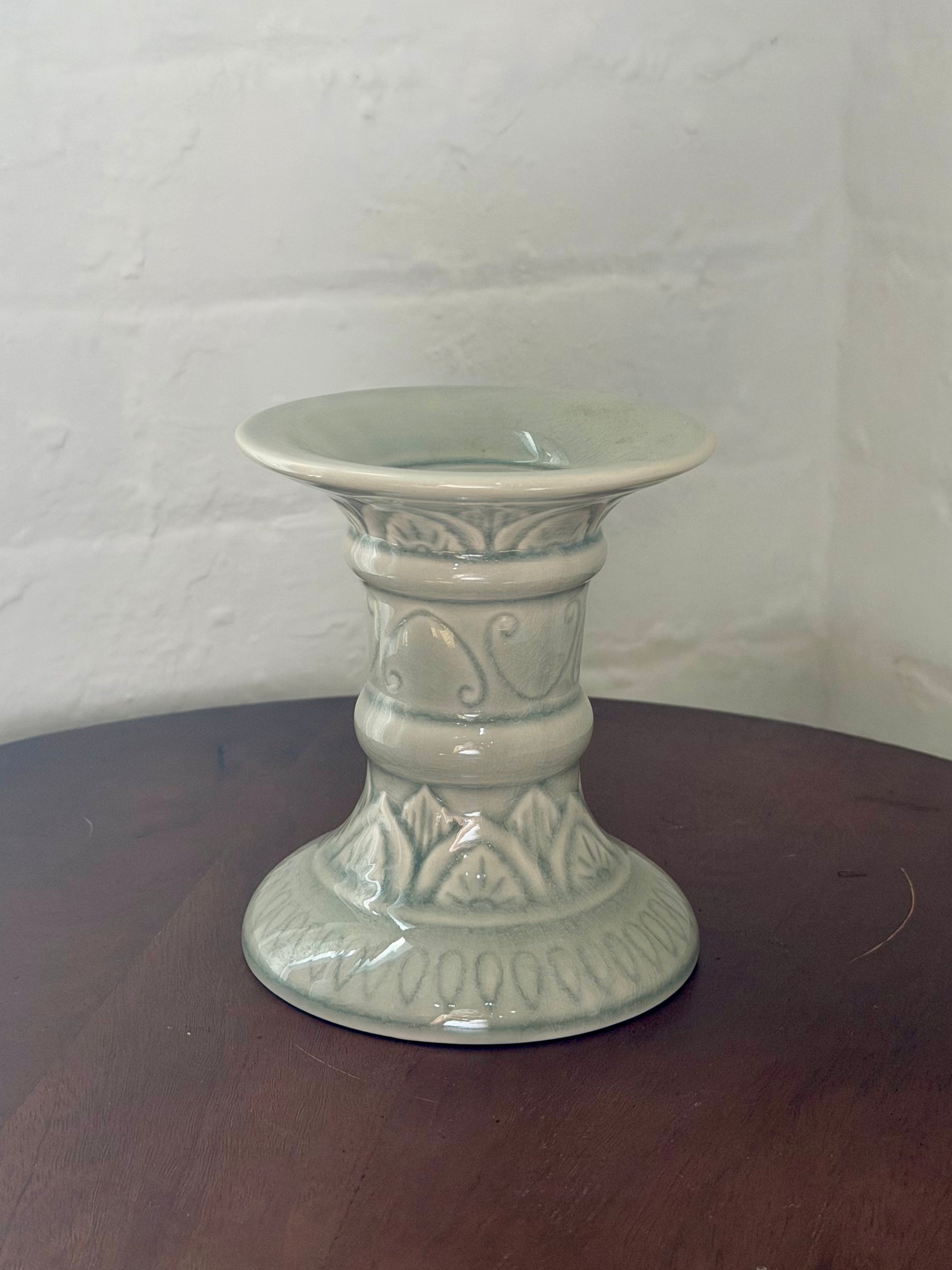 Ceramic Candlestick Holder with Embossed Botanical Detail