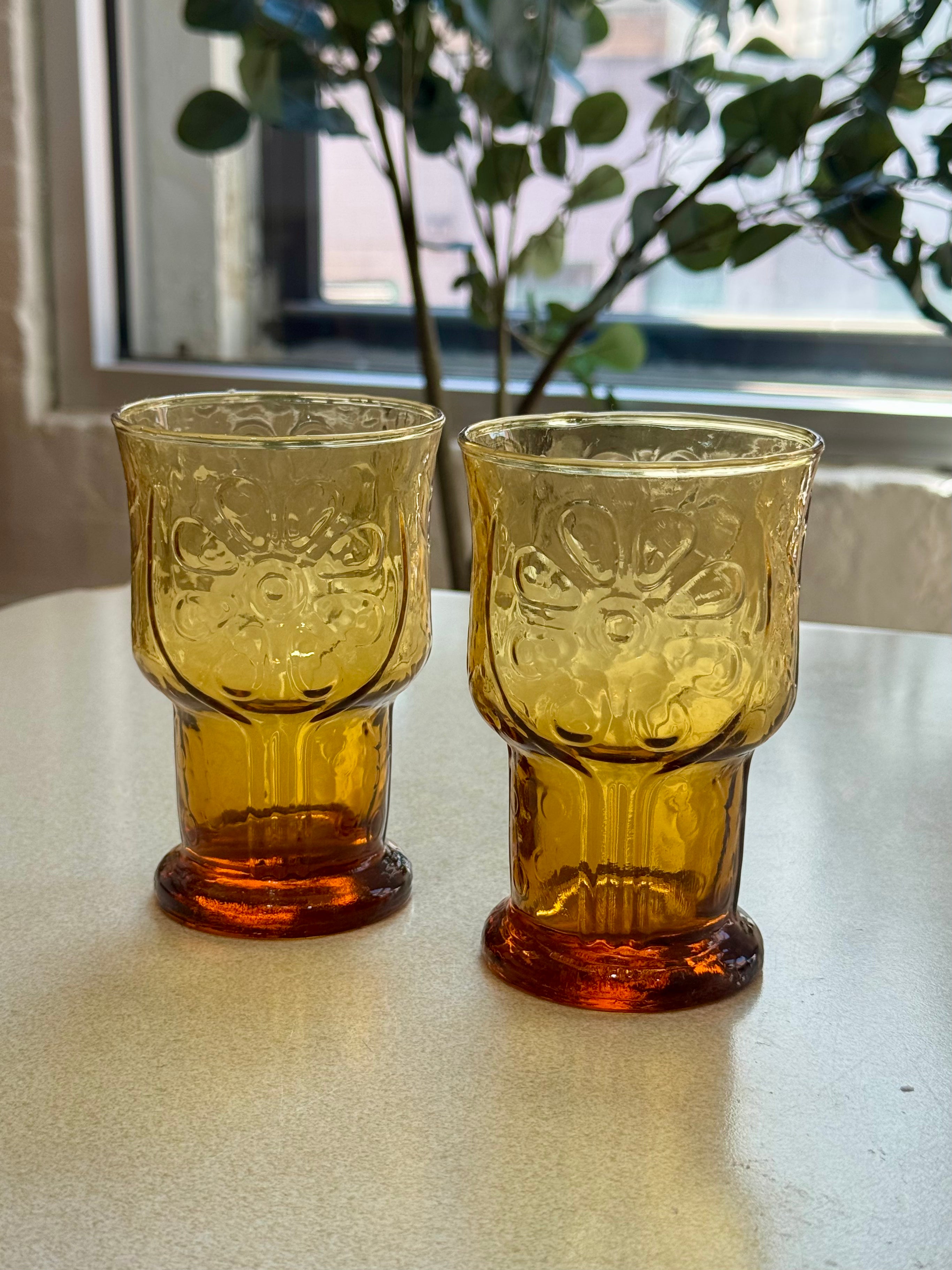 Vintage Libbey Country Garden Daisy Amber Tumbler Glasses