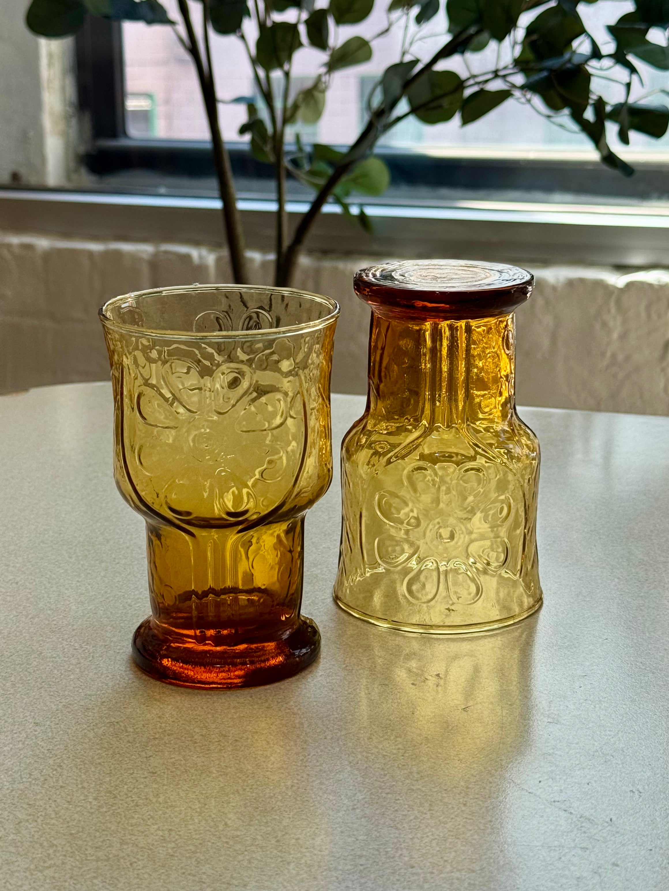 Vintage Libbey Country Garden Daisy Amber Tumbler Glasses