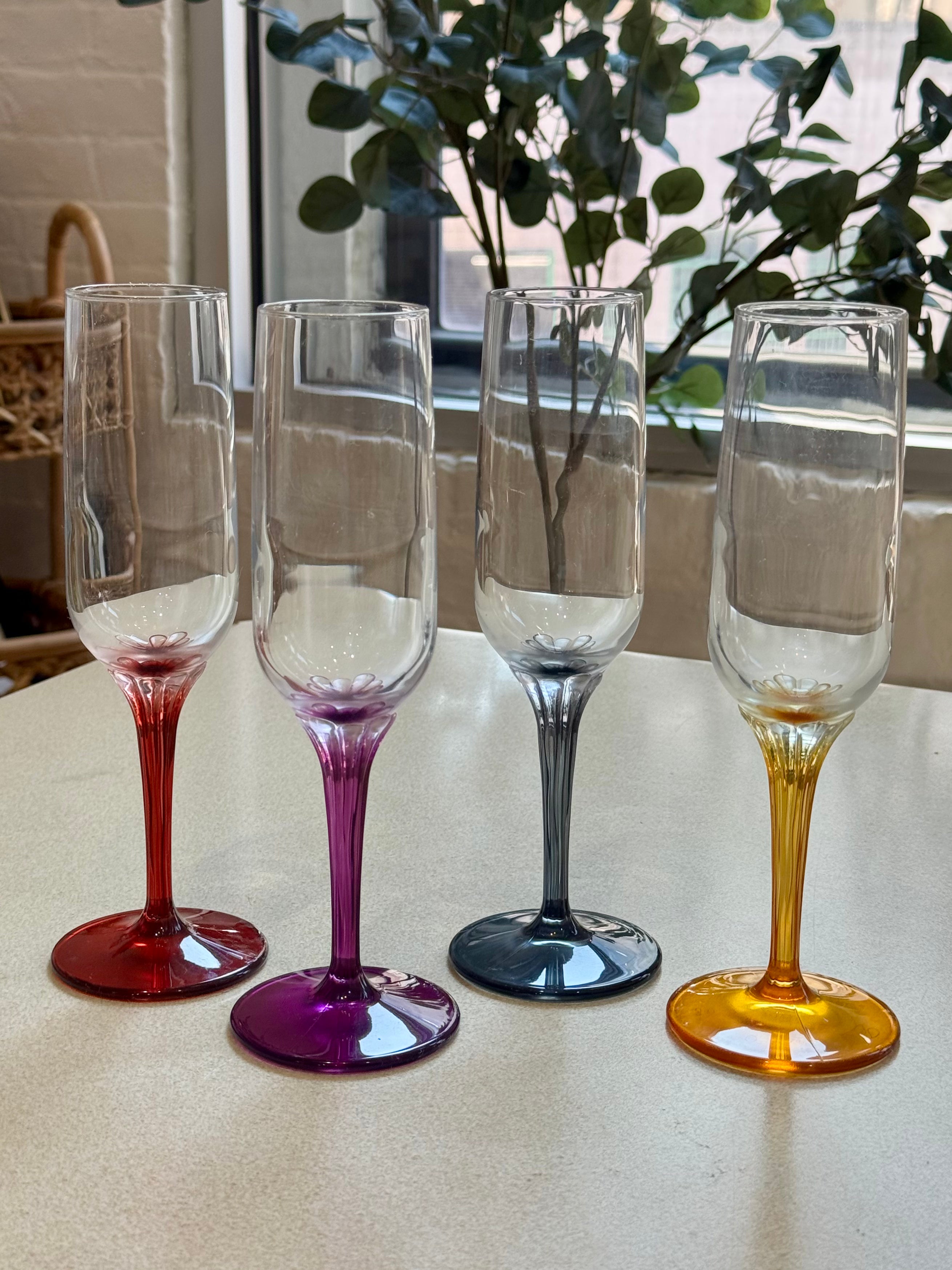 Set of 4 Multicolored Stemmed Champagne Flutes