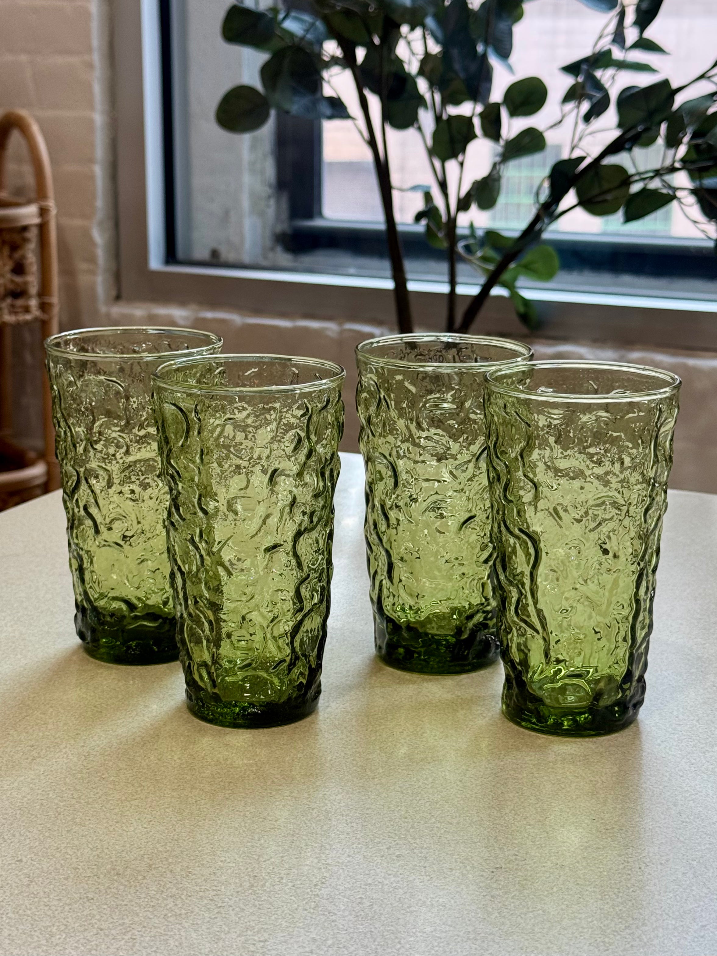 Anchor Hocking Avocado Green Crinkle Glass Tumblers