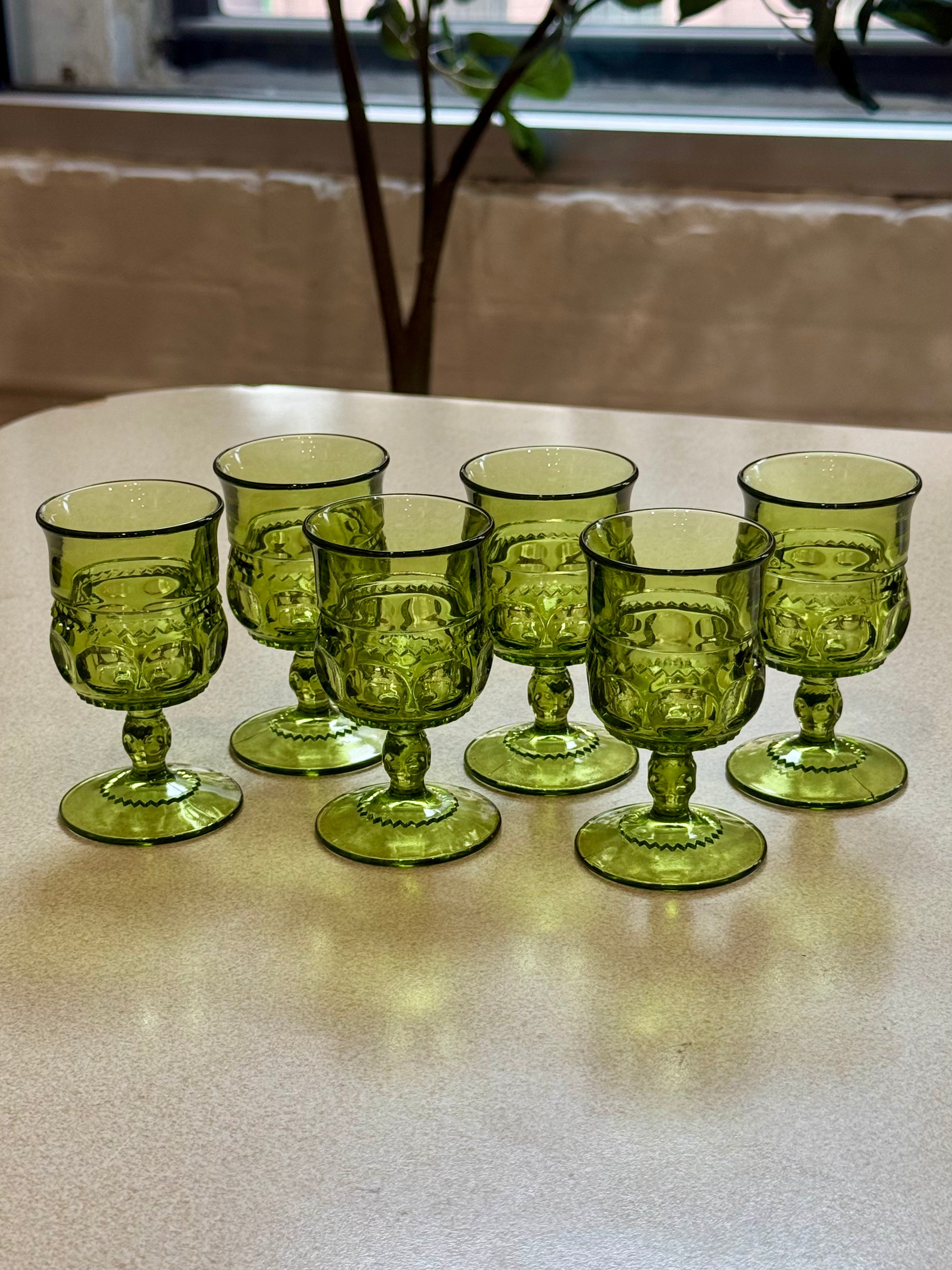 Vintage Avocado Green King's Crown Thumbprint Cordial Glasses