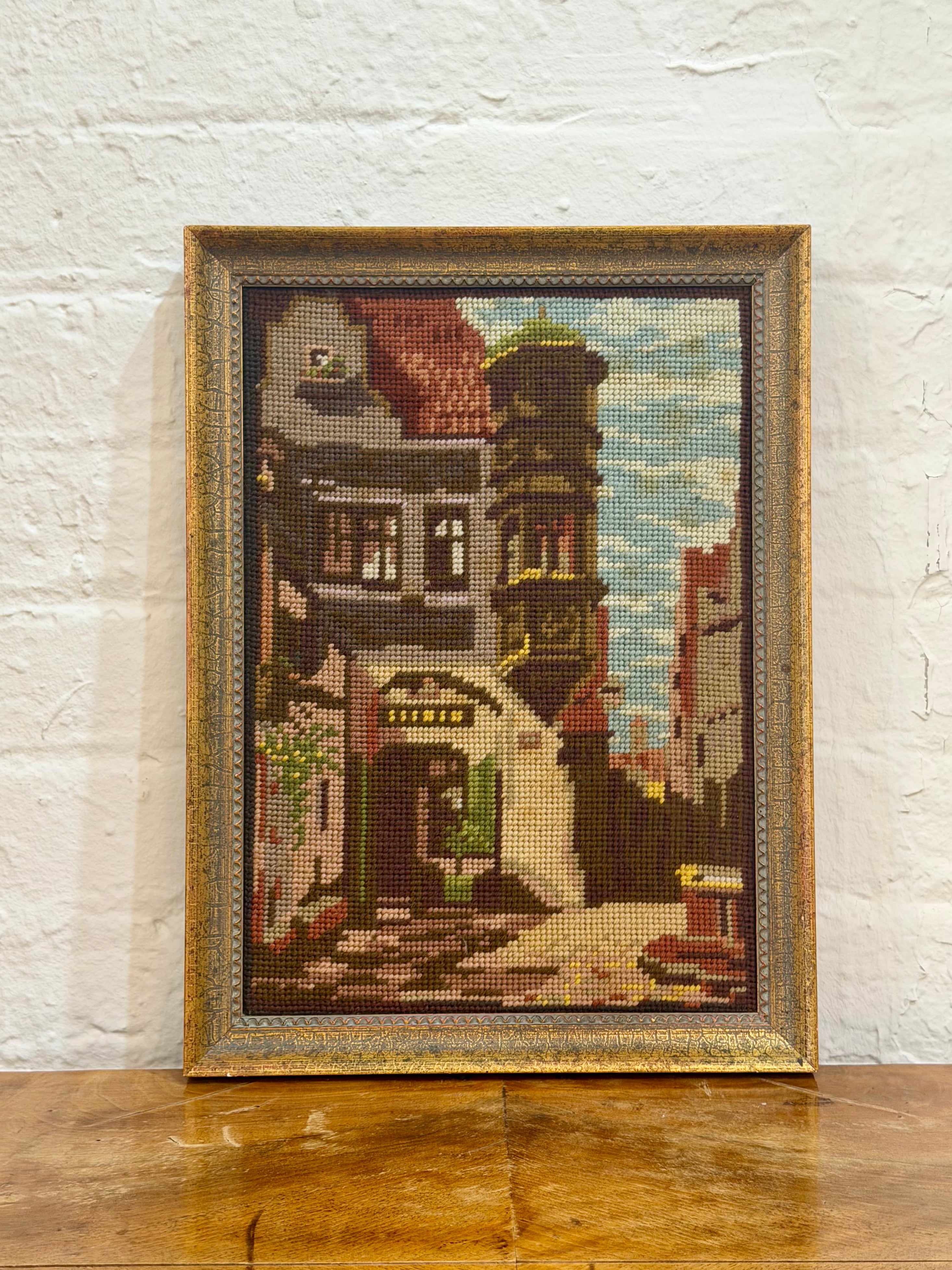Vintage European Village Street Scene Needlepoint Tapestry