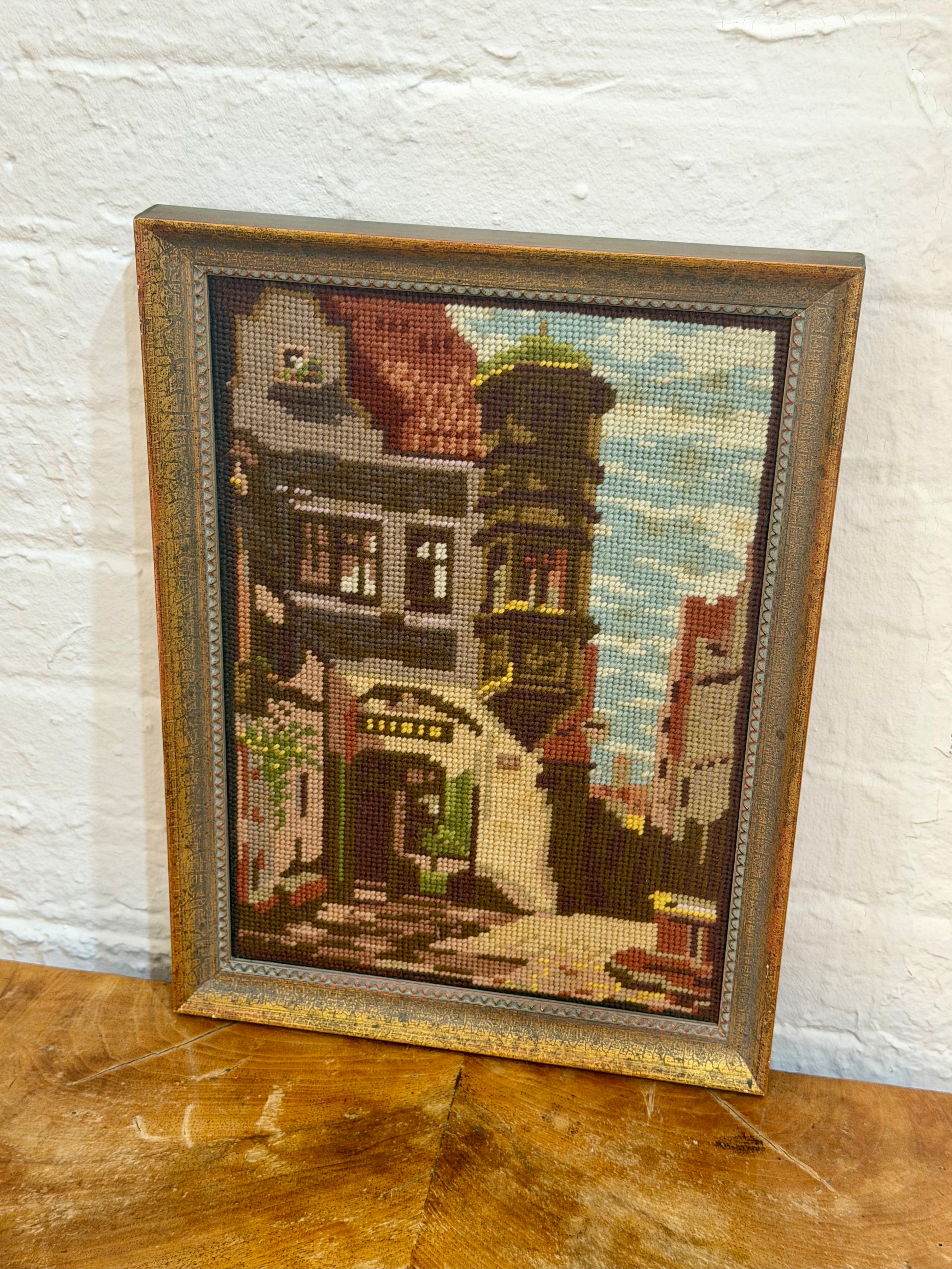 Vintage European Village Street Scene Needlepoint Tapestry