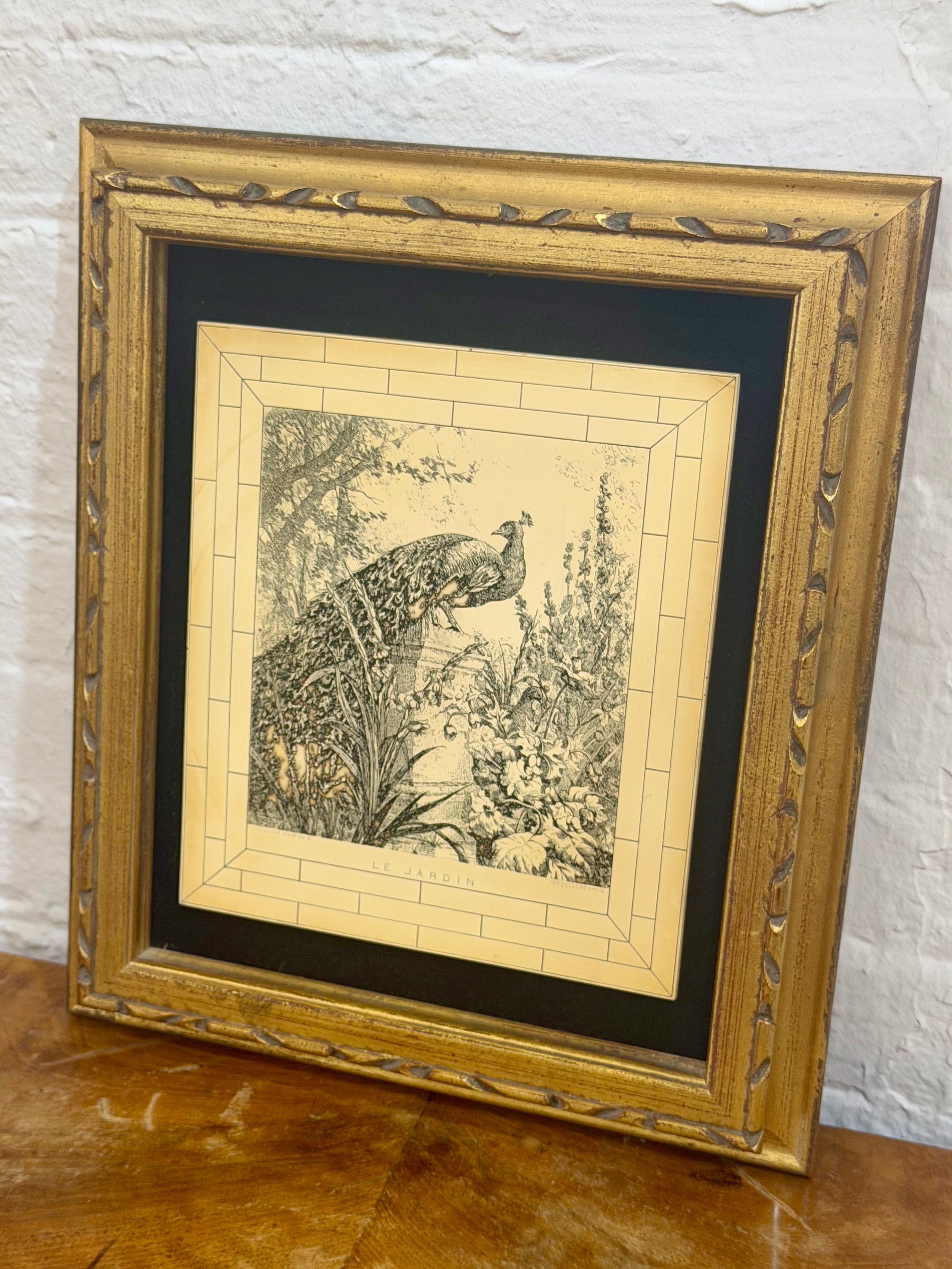 Framed "Le Jardin" Peacock Print with Black Velvet Mat