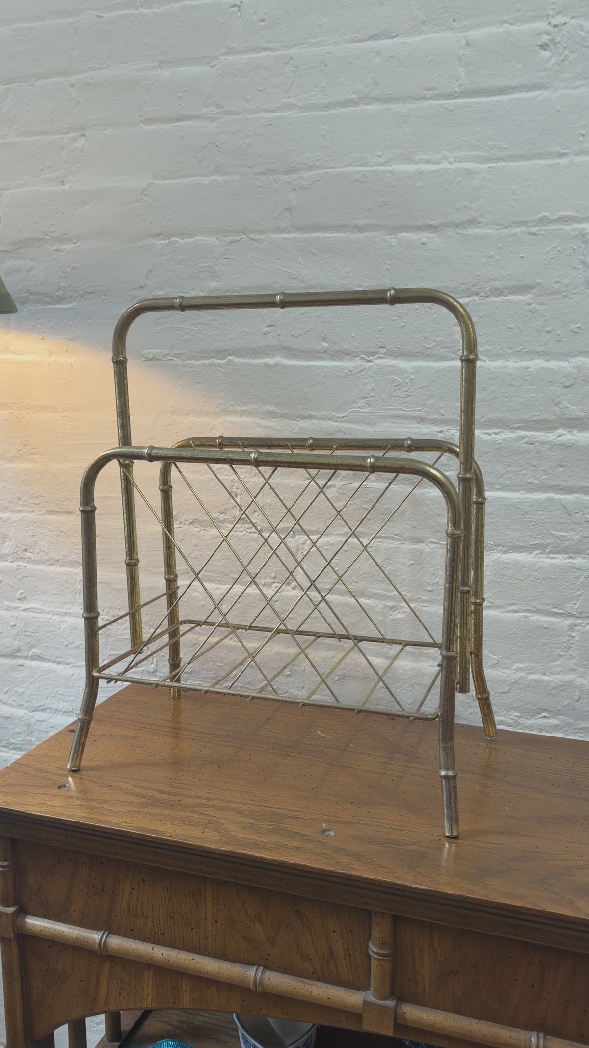 Load video: Mid Century Brass Faux Bamboo Metal Magazine Rack